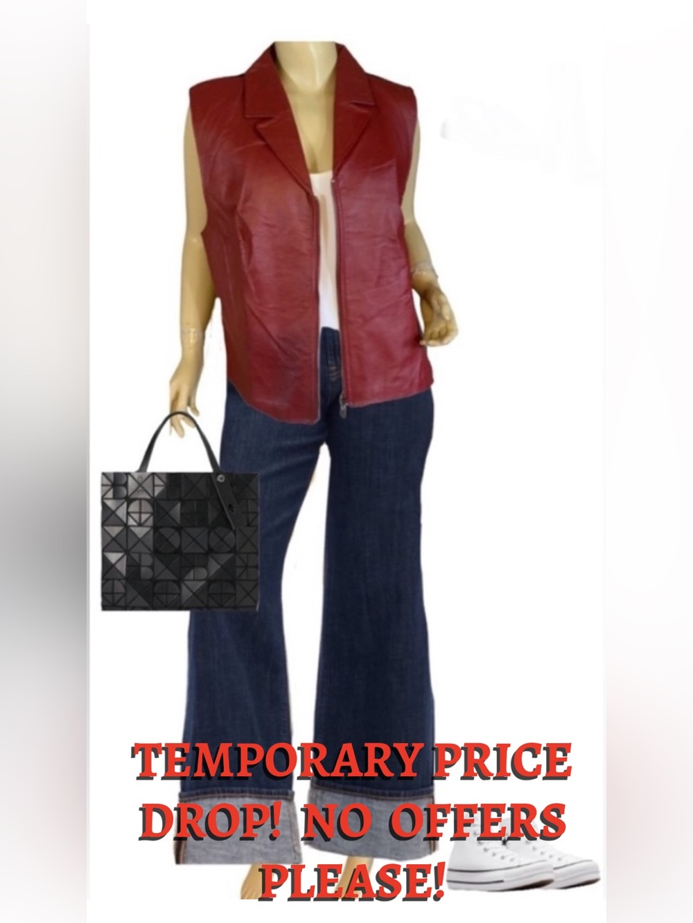 BAGATELLE VINTAGE 1990'S RED LEATHER VEST W/STRETCHY BLACK FABRIC BACK (1X)